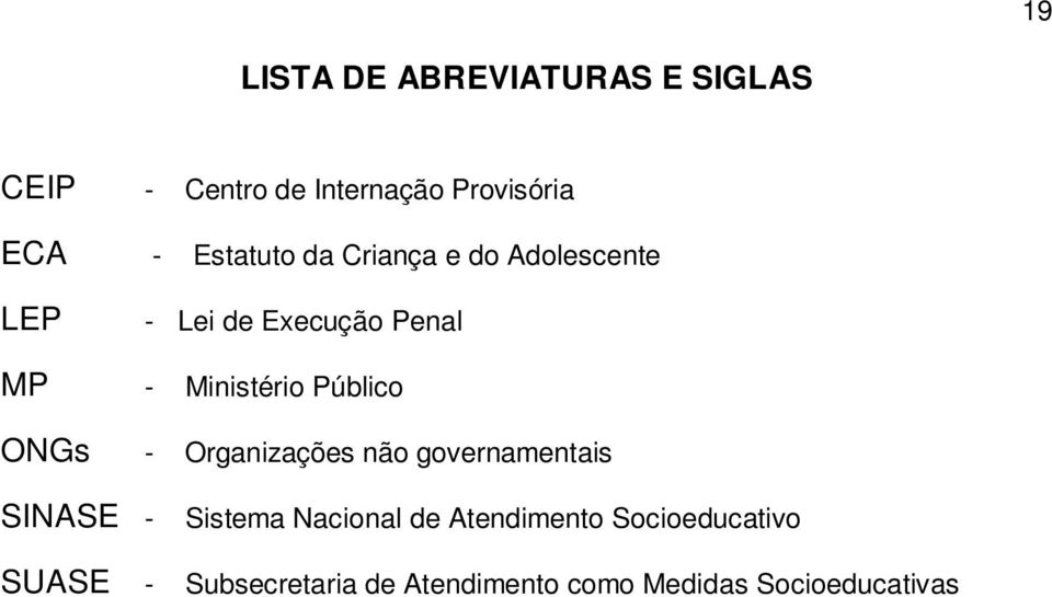 Público ONGs - Organizações não governamentais SINASE - Sistema Nacional de