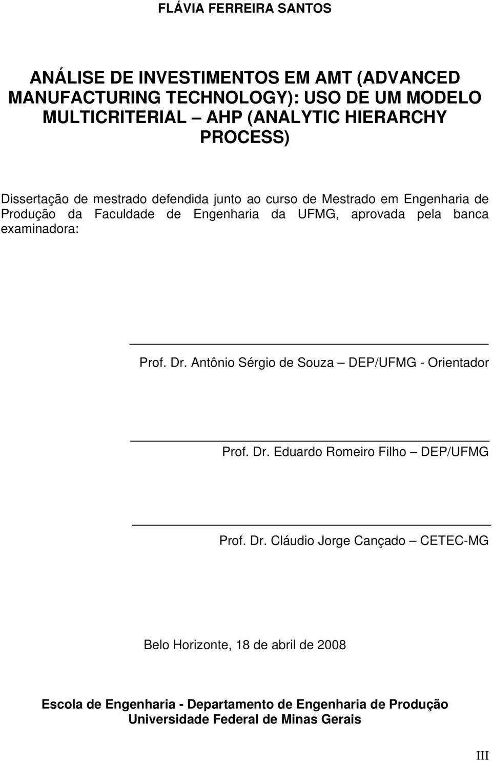 banca examinadora: Prof. Dr.