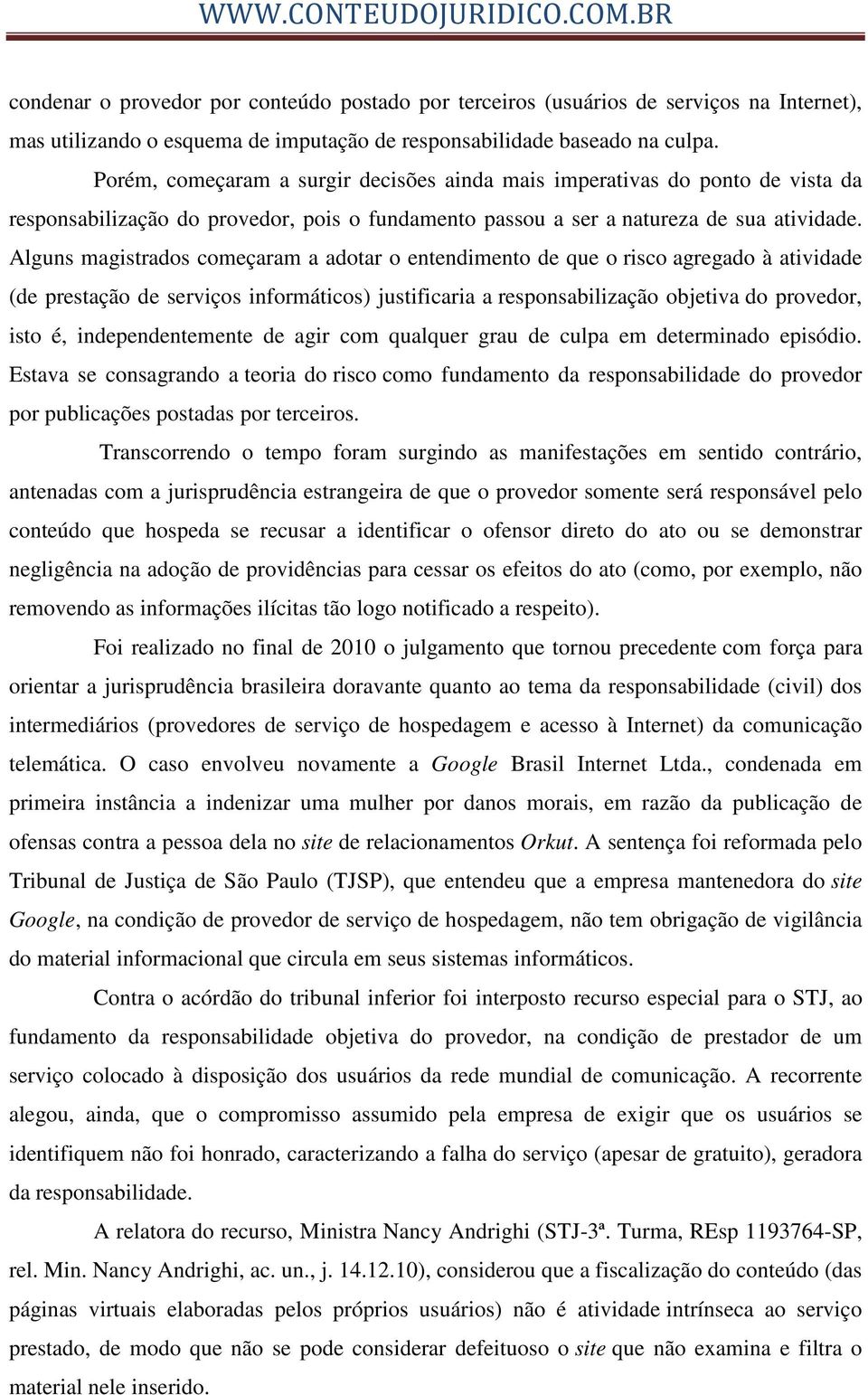 Alguns magistrados começaram a adotar o entendimento de que o risco agregado à atividade (de prestação de serviços informáticos) justificaria a responsabilização objetiva do provedor, isto é,