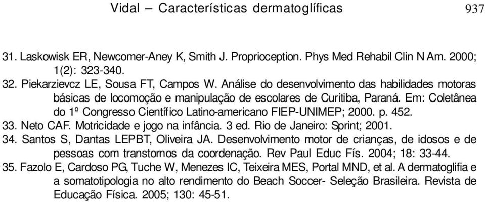 Em: Coletânea do 1º Congresso Científico Latino-americano FIEP-UNIMEP; 2000. p. 452. 33. Neto CAF. Motricidade e jogo na infância. 3 ed. Rio de Janeiro: Sprint; 2001. 34.