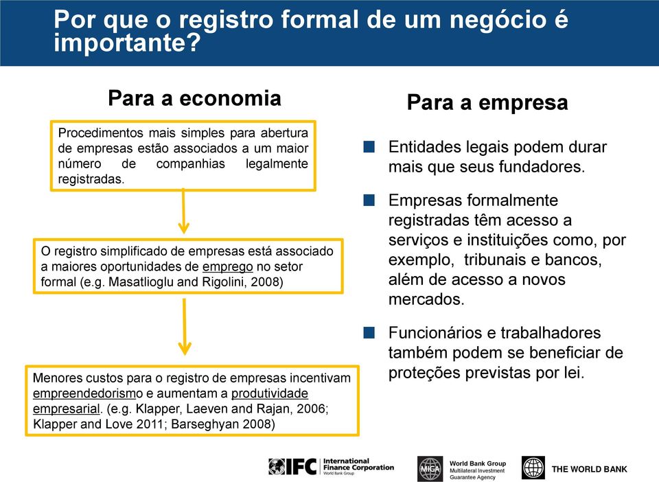 Empresas formalmente registradas têm acesso a serviços e instituições como, por exemplo, tribunais e bancos, além de acesso a novos mercados.