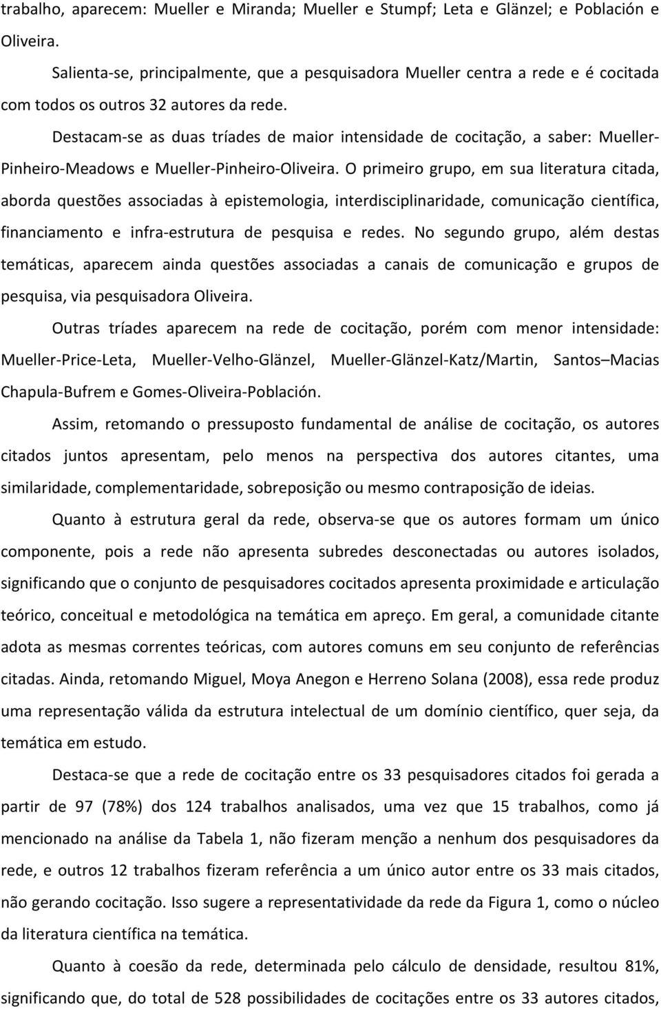 Destacam- se as duas tríades de maior intensidade de cocitação, a saber: Mueller- Pinheiro- Meadows e Mueller- Pinheiro- Oliveira.