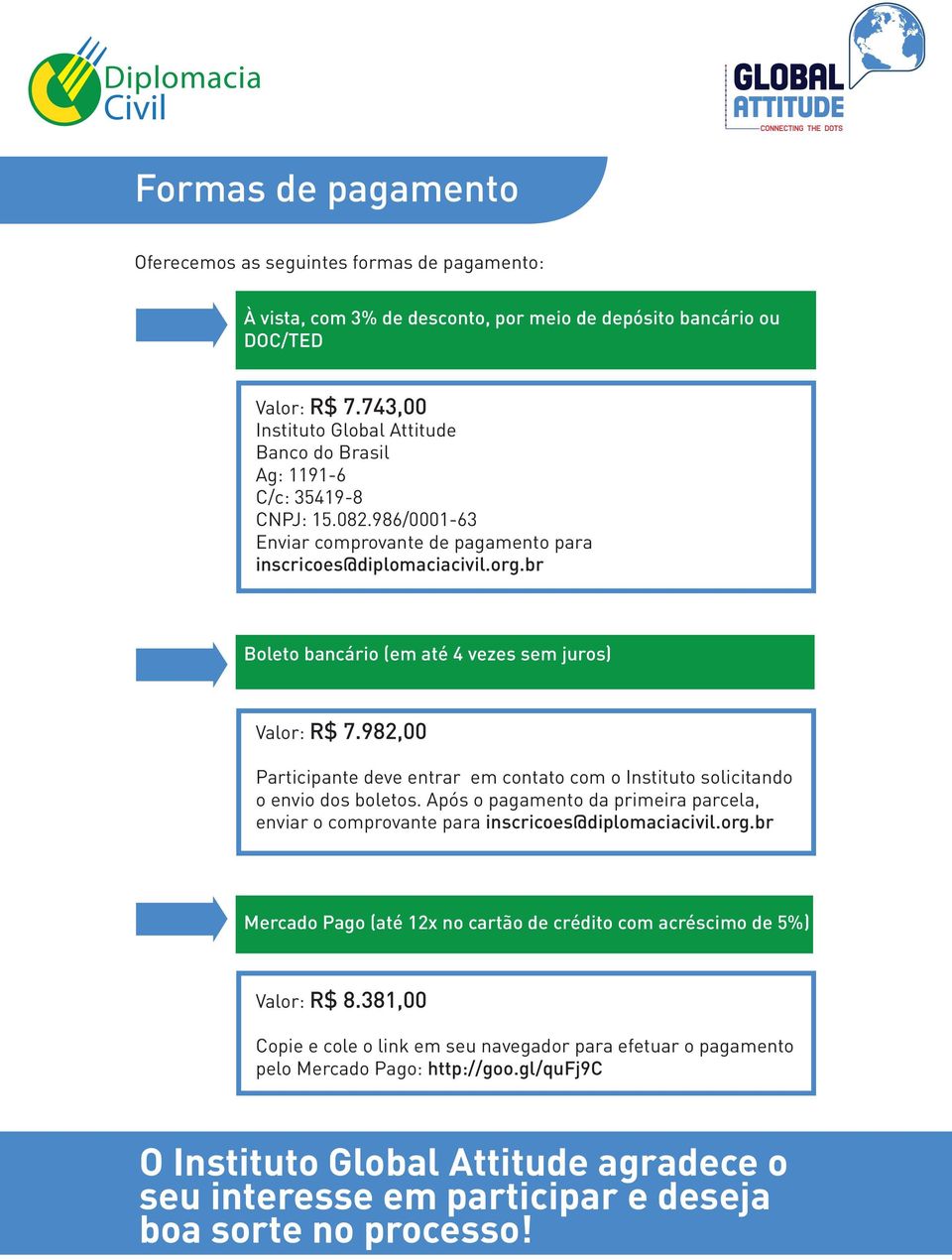 br Boleto bancário (em até 4 vezes sem juros) Valor: R$ 7.982,00 Participante deve entrar em contato com o Instituto solicitando o envio dos boletos.