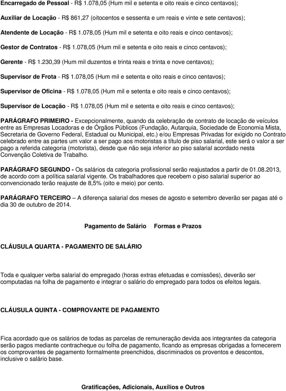 078,05 (Hum mil e setenta e oito reais e cinco centavos); Gestor de Contratos - R$ 1.078,05 (Hum mil e setenta e oito reais e cinco centavos); Gerente - R$ 1.