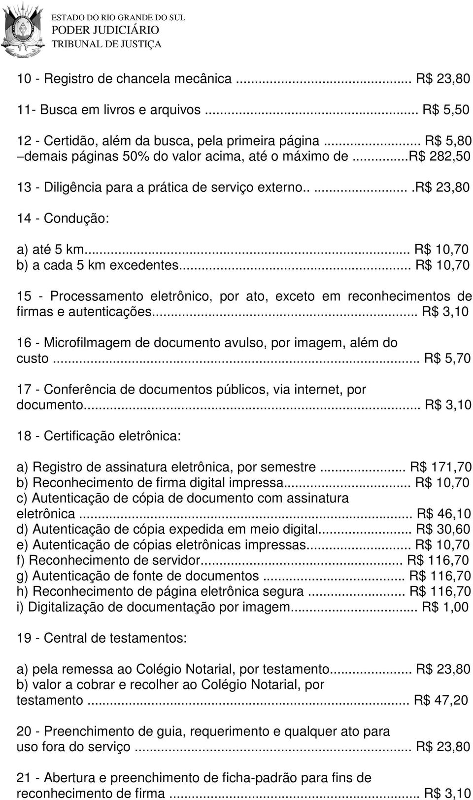 .. R$ 10,70 15 - Processamento eletrônico, por ato, exceto em reconhecimentos de firmas e autenticações... R$ 3,10 16 - Microfilmagem de documento avulso, por imagem, além do custo.