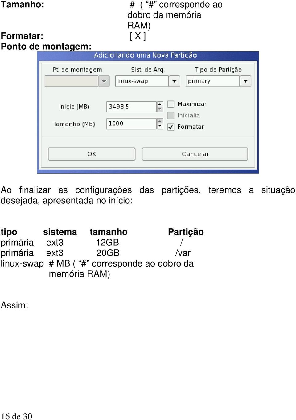 desejada, apresentada no início: tipo sistema tamanho Partição primária ext3 12GB