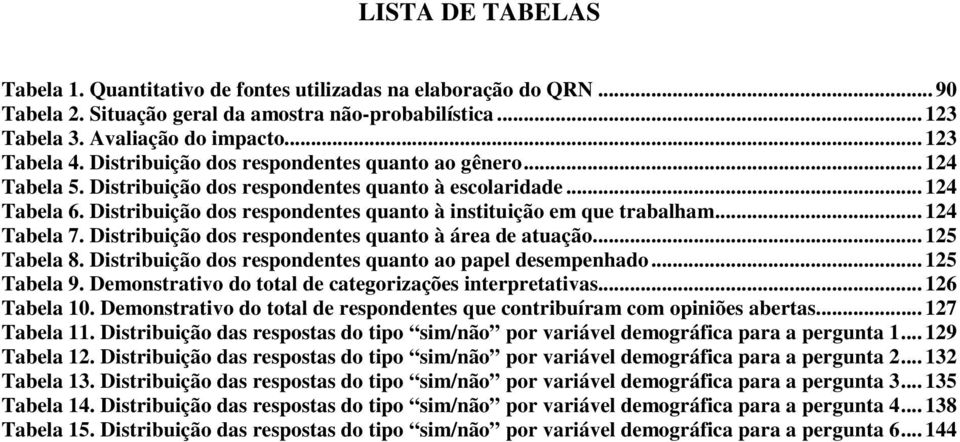 Distribuição dos respondentes quanto à instituição em que trabalham... 124 Tabela 7. Distribuição dos respondentes quanto à área de atuação... 125 Tabela 8.