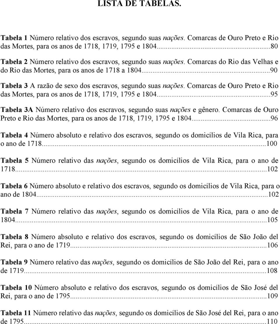 ..90 Tabela 3 A razão de sexo dos escravos, segundo suas nações. Comarcas de Ouro Preto e Rio das Mortes, para os anos de 1718, 1719, 1795 e 1804.