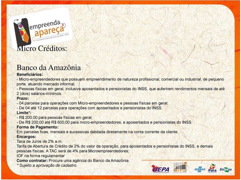 Prazo: - 04 parcelas para operações com Micro-empreendedores e pessoas físicas em geral; - De 04 até 12 parcelas para operações com aposentados e pensionistas do INSS.