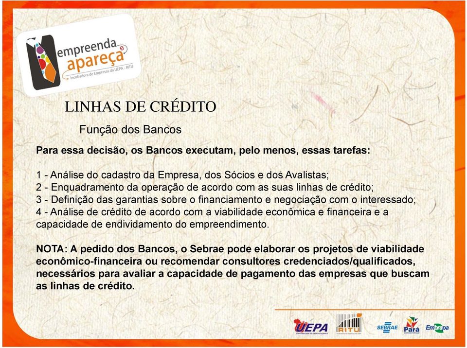 de acordo com a viabilidade econômica e financeira e a capacidade de endividamento do empreendimento.