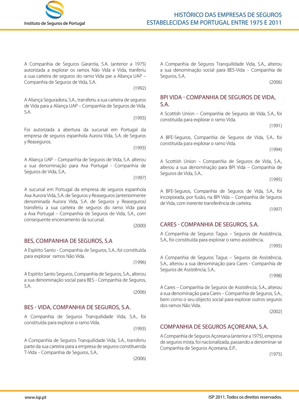 espanhola Aurora Vida, de Seguros y Reaseguros. (1993) A Aliança UAP Companhia de Seguros de Vida, alterou a sua denominação para Axa Portugal - Companhia de Seguros de Vida,.