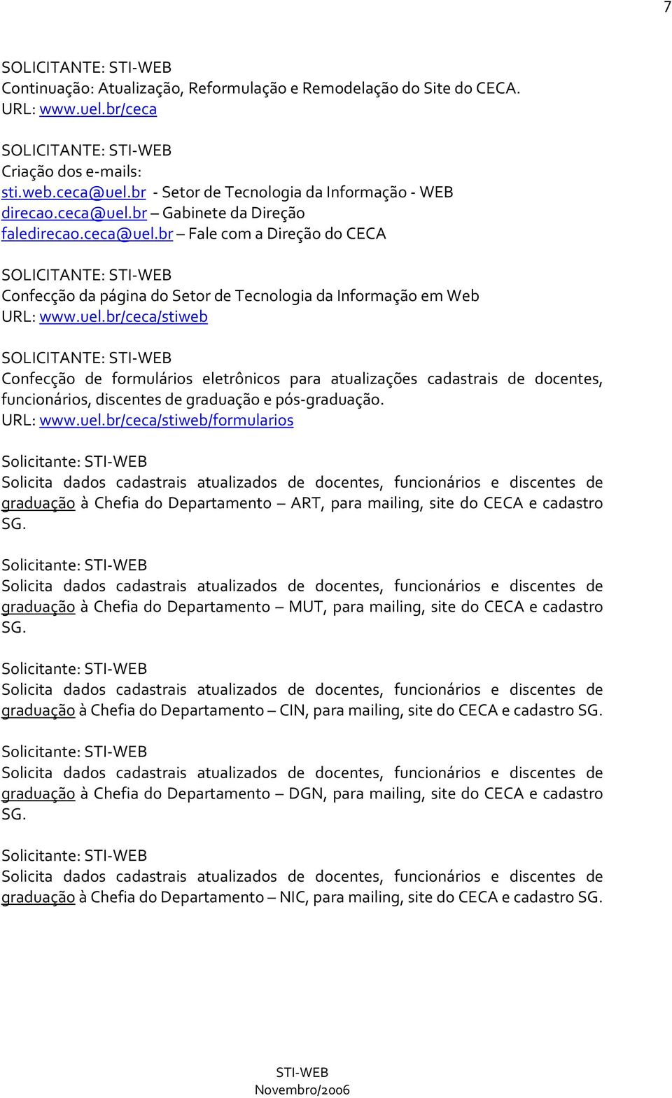 uel.br/ceca/stiweb SOLICITANTE: Confecção de formulários eletrônicos para atualizações cadastrais de docentes, funcionários, discentes de graduação e pós-graduação. URL: