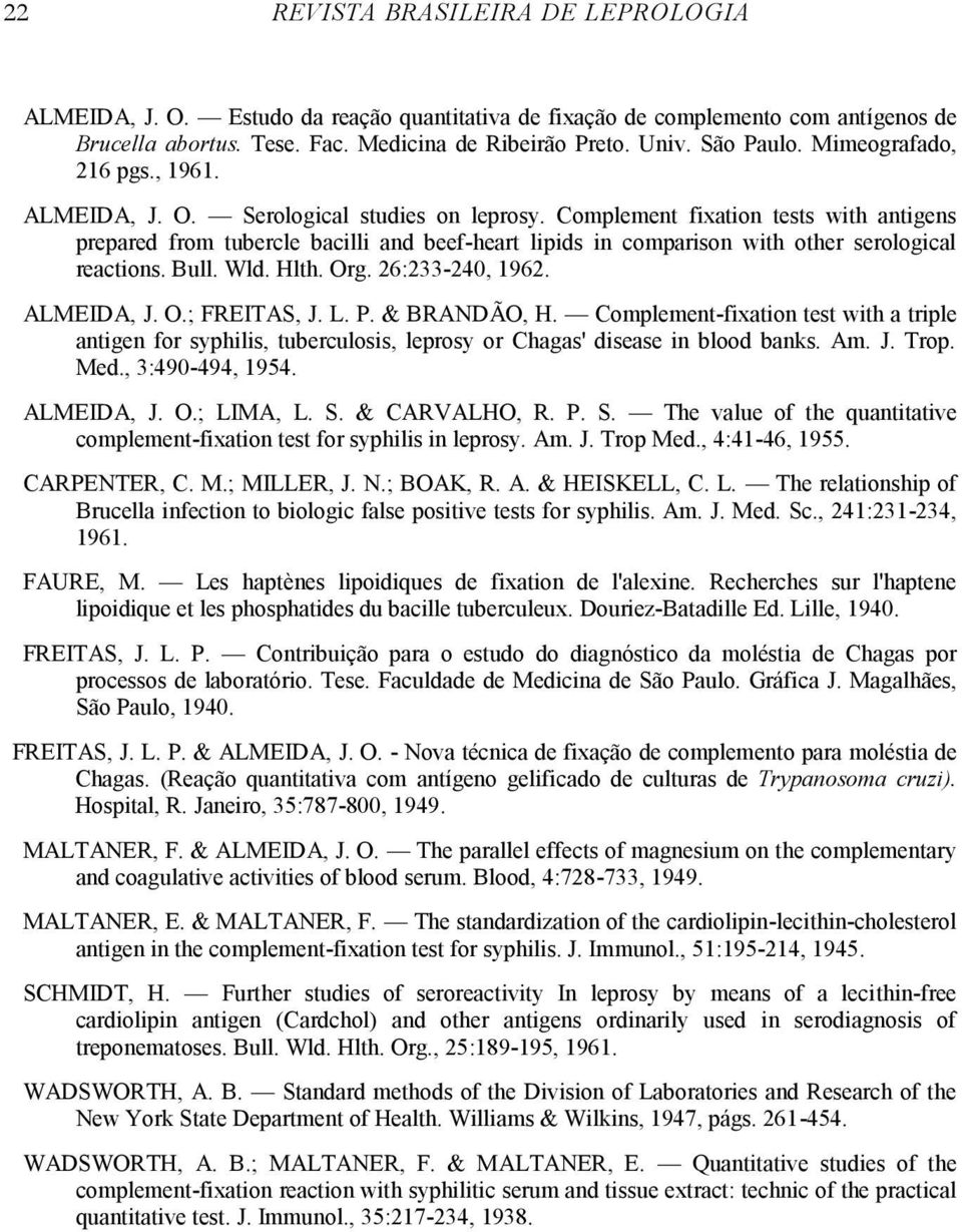 Complement fixation tests with antigens prepared from tubercle bacilli and beef-heart lipids in comparison with other serological reactions. Bull. Wld. Hlth. Org. 26:233-240, 1962. ALMEIDA, J. O.; FREITAS, J.