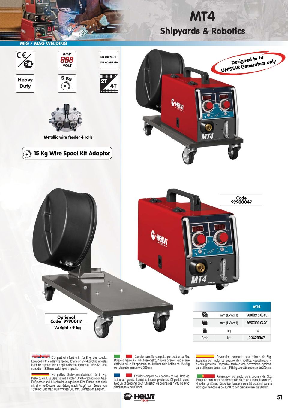 It can be supplied with an optional set for the use of 15/18 Kg. and max. diam. 300 mm. welding wire spools. Kompaktes Drahtvorschubeinheit für 5 Kg. Drahtspulen.