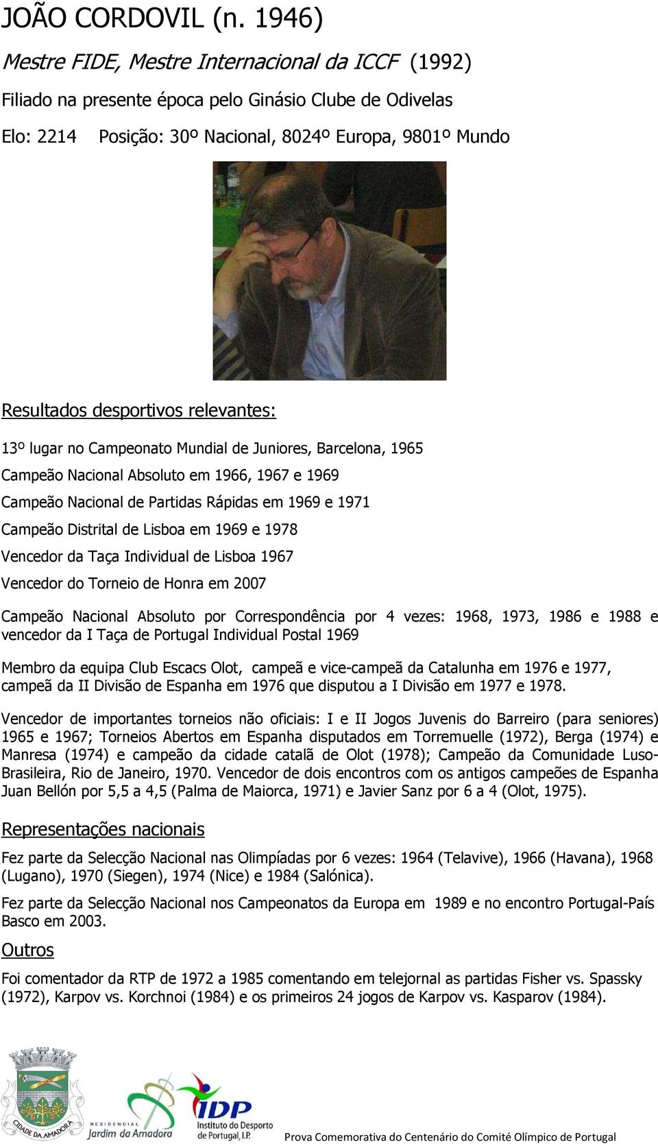 Mundial de Juniores, Barcelona, 1965 Campeão Nacional Absoluto em 1966, 1967 e 1969 Campeão Nacional de Partidas Rápidas em 1969 e 1971 Campeão Distrital de Lisboa em 1969 e 1978 Vencedor da Taça