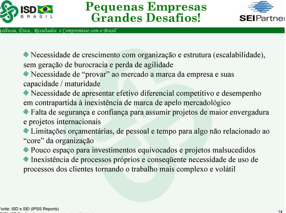 maturidade Necessidade de apresentar efetivo diferencial competitivo e desempenho em contrapartida à inexistência de marca de apelo mercadológico Falta de segurança e confiança para assumir projetos