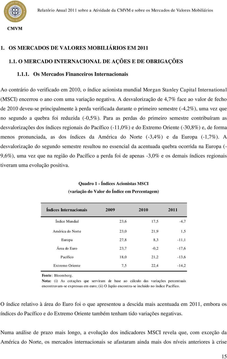 OS MERCADOS DE VALORES MOBILIÁRIOS EM 2011