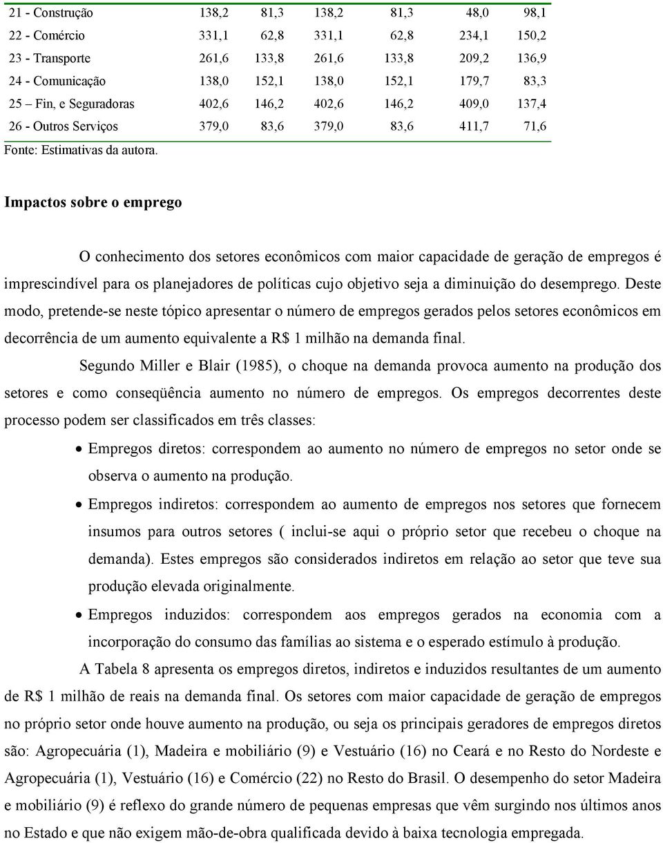 Impactos sobre o emprego O conhecimento dos setores econômicos com maior capacidade de geração de empregos é imprescindível para os planejadores de políticas cujo objetivo seja a diminuição do