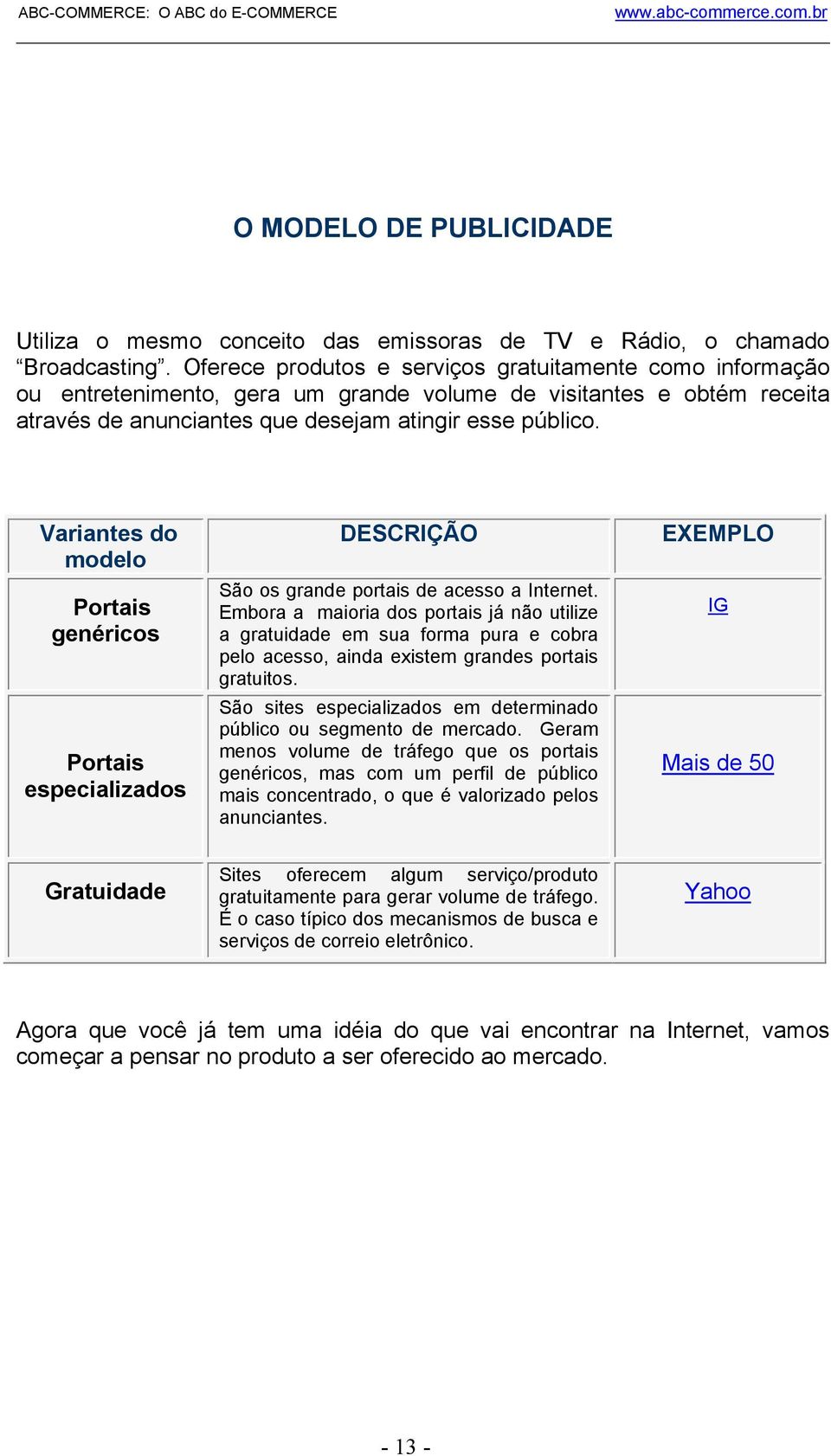 Variantes do modelo Portais genéricos Portais especializados DESCRIÇÃO São os grande portais de acesso a Internet.