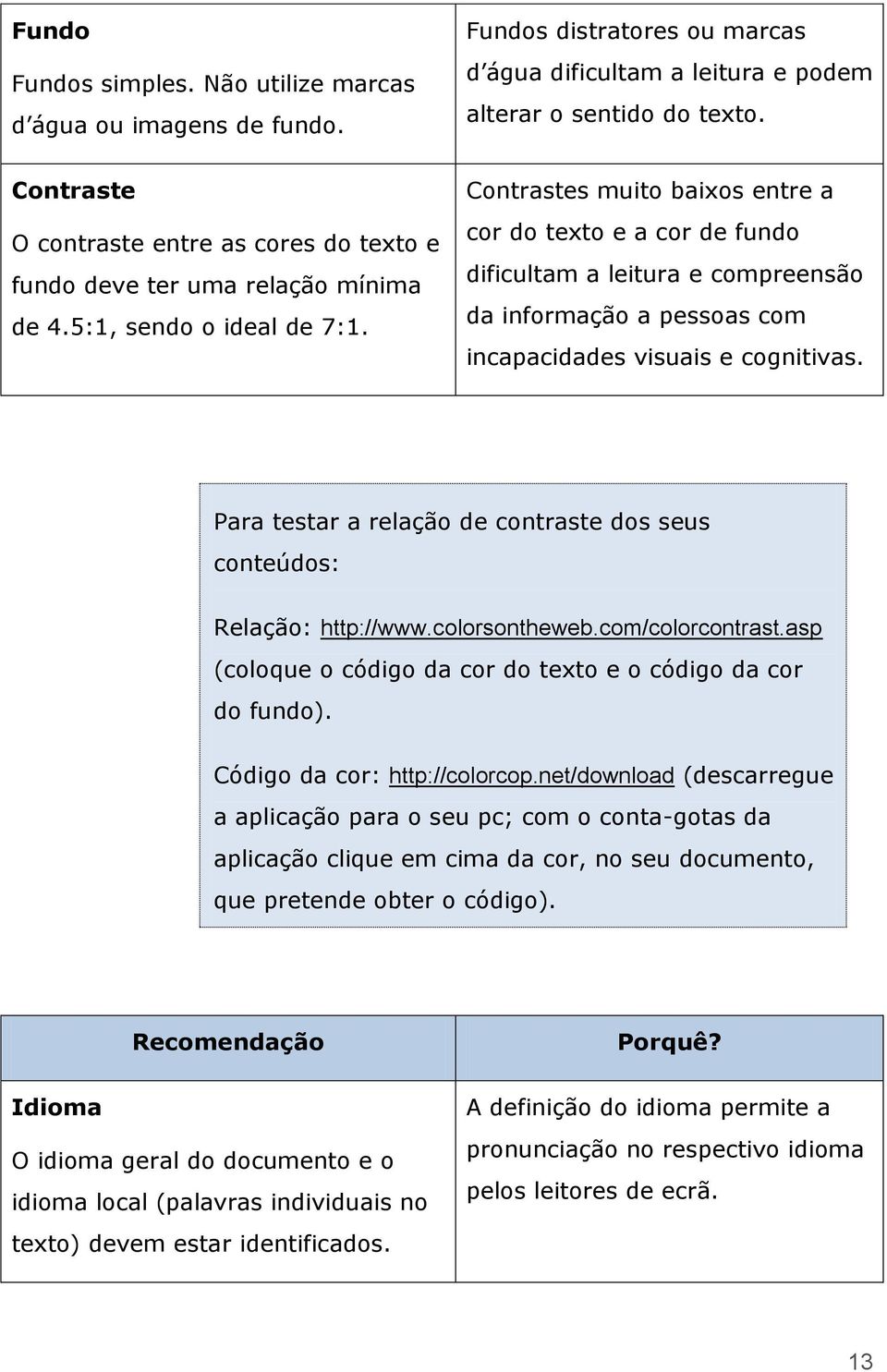 Contrastes muito baixos entre a cor do texto e a cor de fundo dificultam a leitura e compreensão da informação a pessoas com incapacidades visuais e cognitivas.