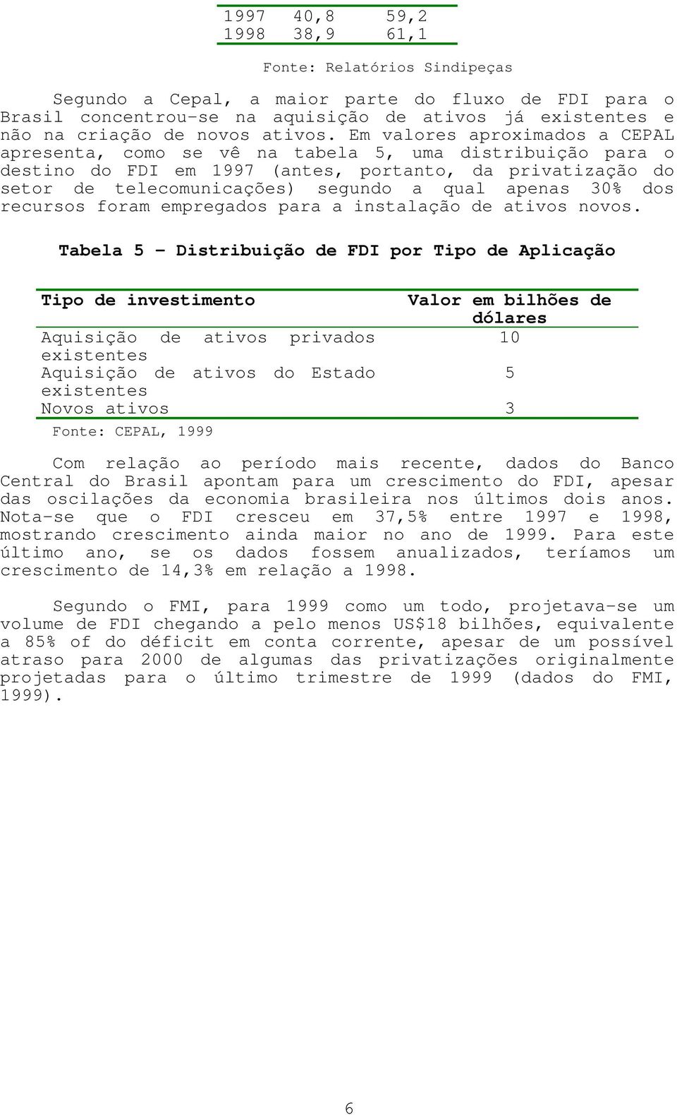 Em valores aproximados a CEPAL apresenta, como se vê na tabela 5, uma distribuição para o destino do FDI em 1997 (antes, portanto, da privatização do setor de telecomunicações) segundo a qual apenas