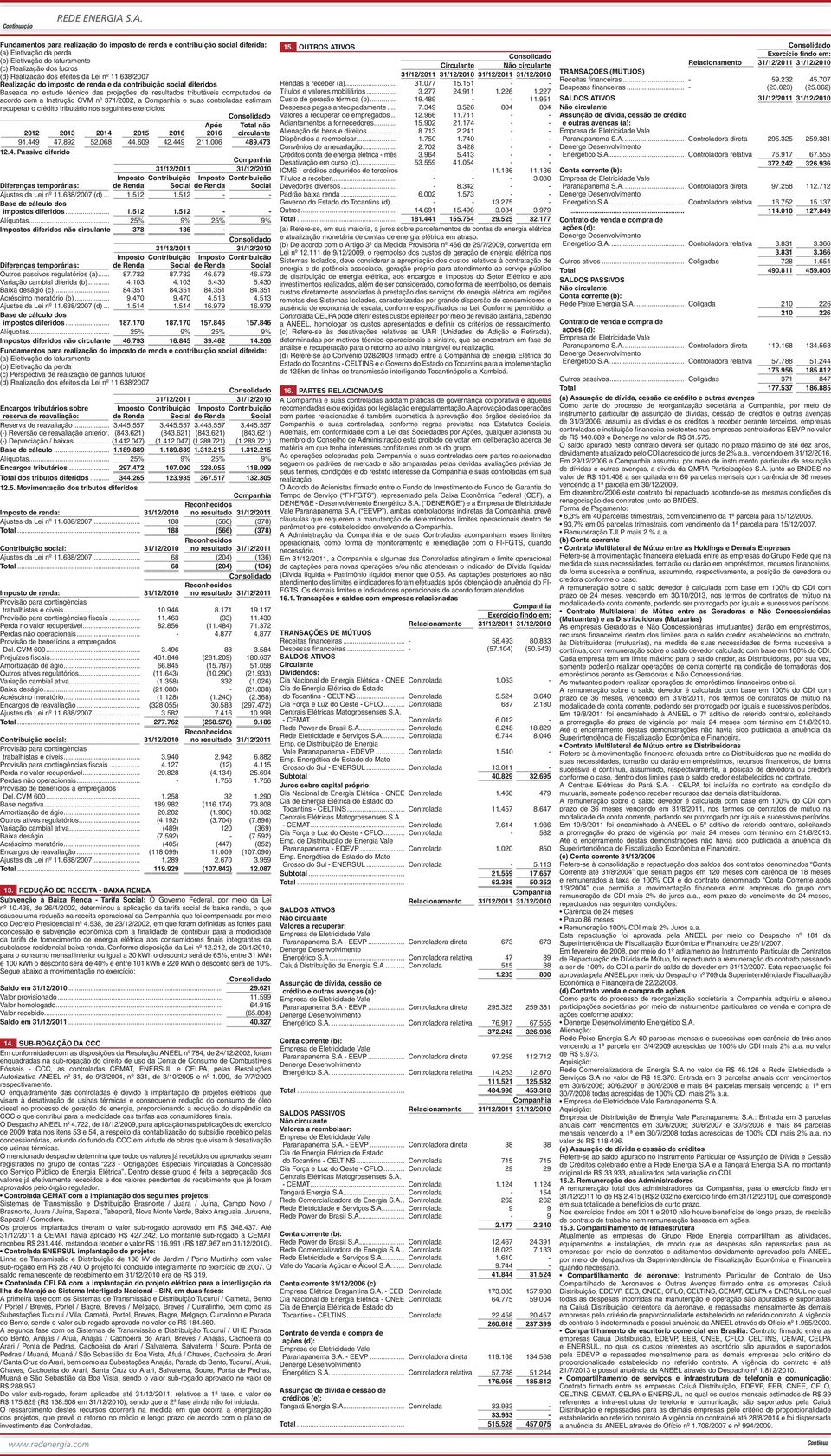 638/2007 Realização do imposto de renda e da contribuição social diferidos Baseada no estudo técnico das projeções de resultados tributáveis computados de acordo com a Instrução CVM nº 371/2002, a e