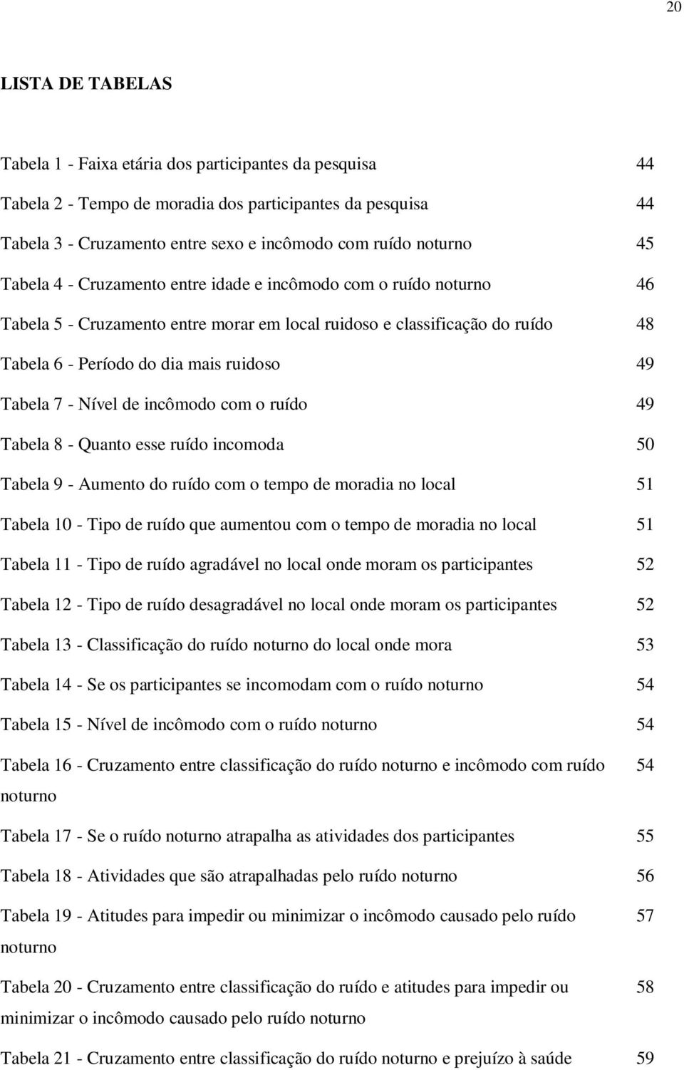 7 - Nível de incômodo com o ruído 49 Tabela 8 - Quanto esse ruído incomoda 50 Tabela 9 - Aumento do ruído com o tempo de moradia no local 51 Tabela 10 - Tipo de ruído que aumentou com o tempo de