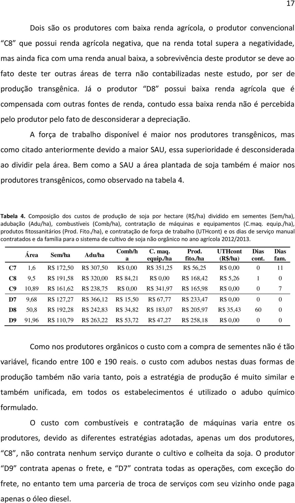 Já o produtor D8 possui baixa renda agrícola que é compensada com outras fontes de renda, contudo essa baixa renda não é percebida pelo produtor pelo fato de desconsiderar a depreciação.