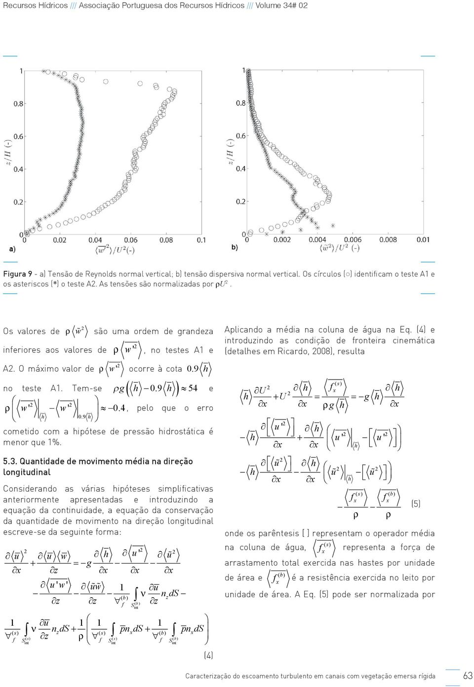 O mámo valor de ρ w' ocorre à cota 0.9 h no teste A1. Tem-se ρ g( h 09. h ) 54 e ρ w' w' 0.4, pelo que o erro h 0.9 h cometdo com a hpótese de pressão hdrostátca é menor que 1%. 5.3.