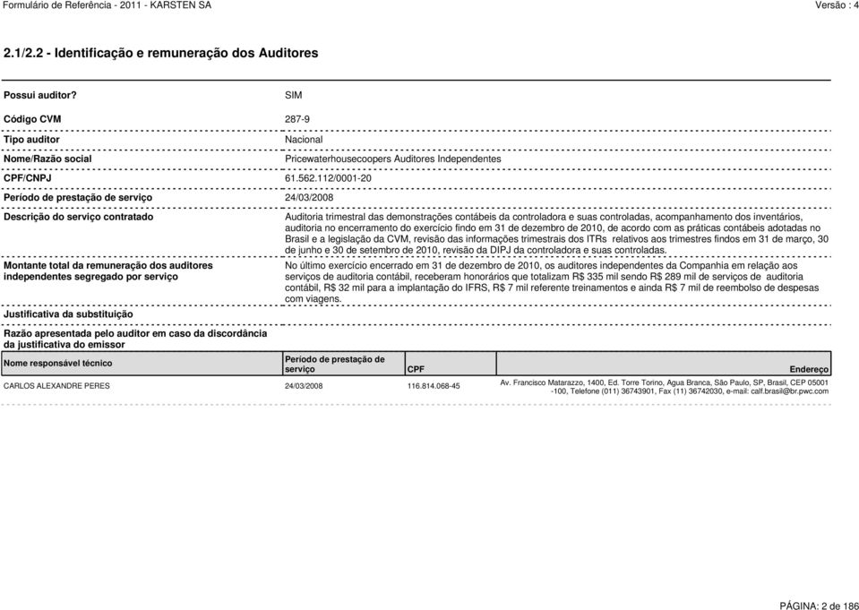 Auditoria trimestral das demonstrações contábeis da controladora e suas controladas, acompanhamento dos inventários, auditoria no encerramento do exercício findo em 31 de dezembro de 2010, de acordo