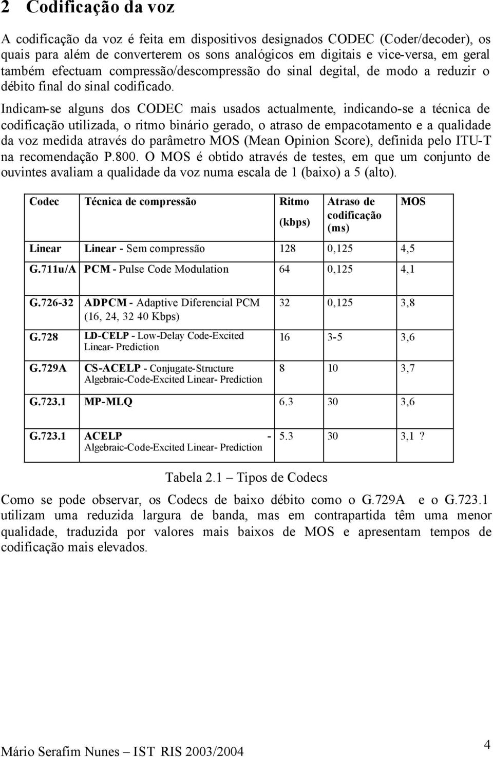 Indicam-se alguns dos CODEC mais usados actualmente, indicando-se a técnica de codificação utilizada, o ritmo binário gerado, o atraso de empacotamento e a qualidade da voz medida através do