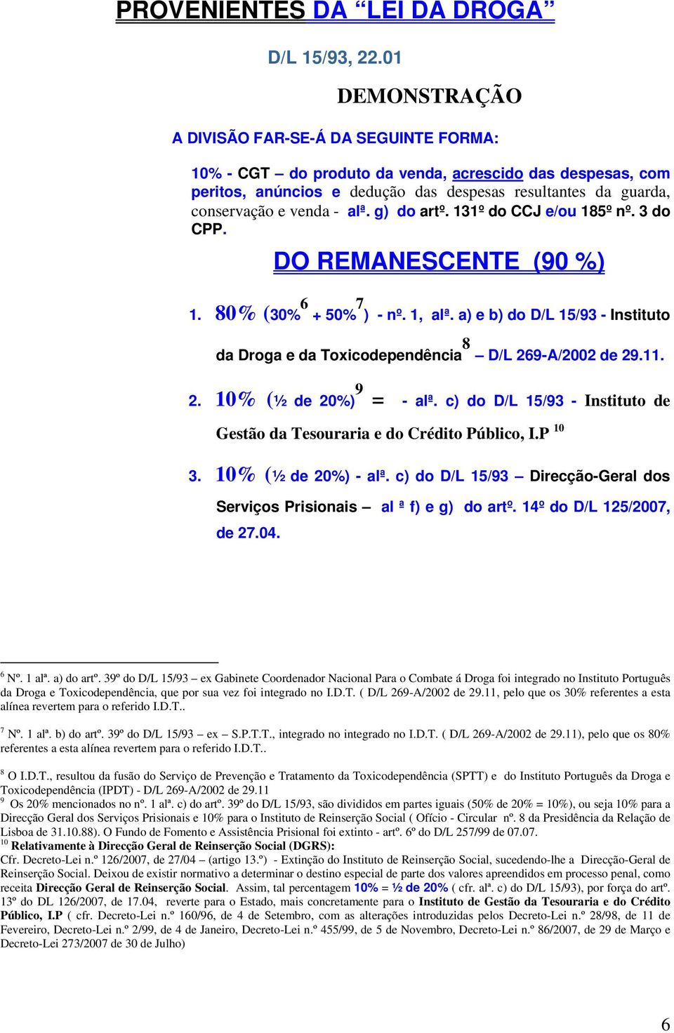 alª. g) do artº. 131º do CCJ e/ou 185º nº. 3 do CPP. DO REMANESCENTE (90 %) 1. 80% (30% 6 + 50% 7 ) - nº. 1, alª.