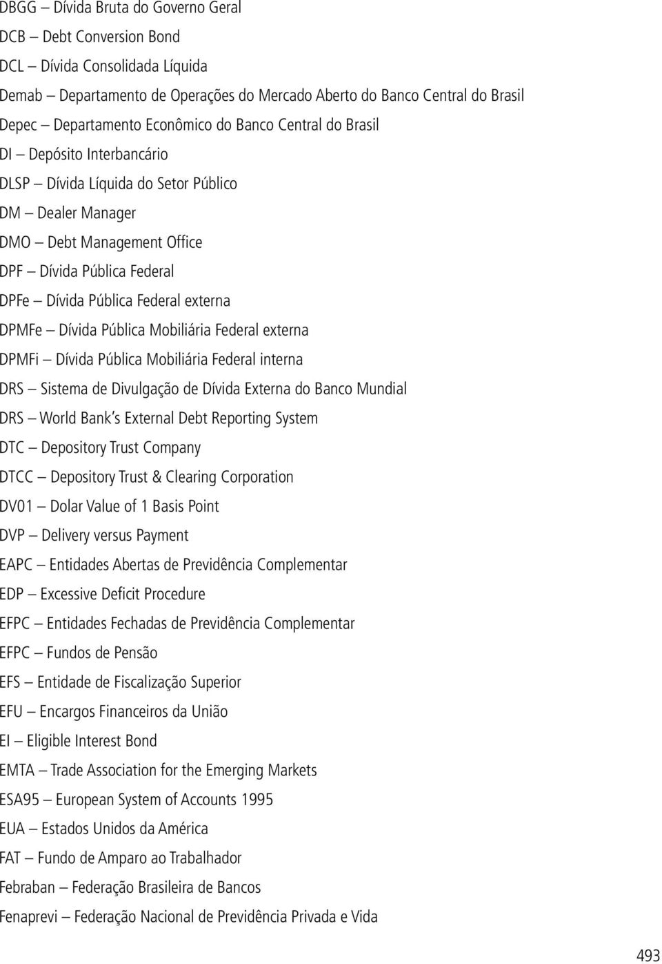 DPMFe Dívida Pública Mobiliária Federal externa DPMFi Dívida Pública Mobiliária Federal interna DRS Sistema de Divulgação de Dívida Externa do Banco Mundial DRS World Bank s External Debt Reporting