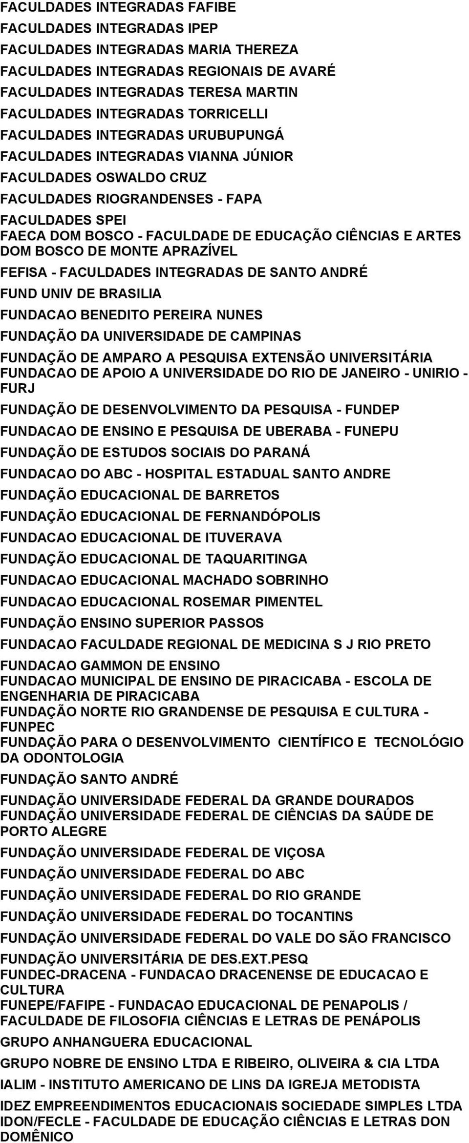 CIÊNCIAS E ARTES DOM BOSCO DE MONTE APRAZÍVEL FEFISA - FACULDADES INTEGRADAS DE SANTO ANDRÉ FUND UNIV DE BRASILIA FUNDACAO BENEDITO PEREIRA NUNES FUNDAÇÃO DA UNIVERSIDADE DE CAMPINAS FUNDAÇÃO DE