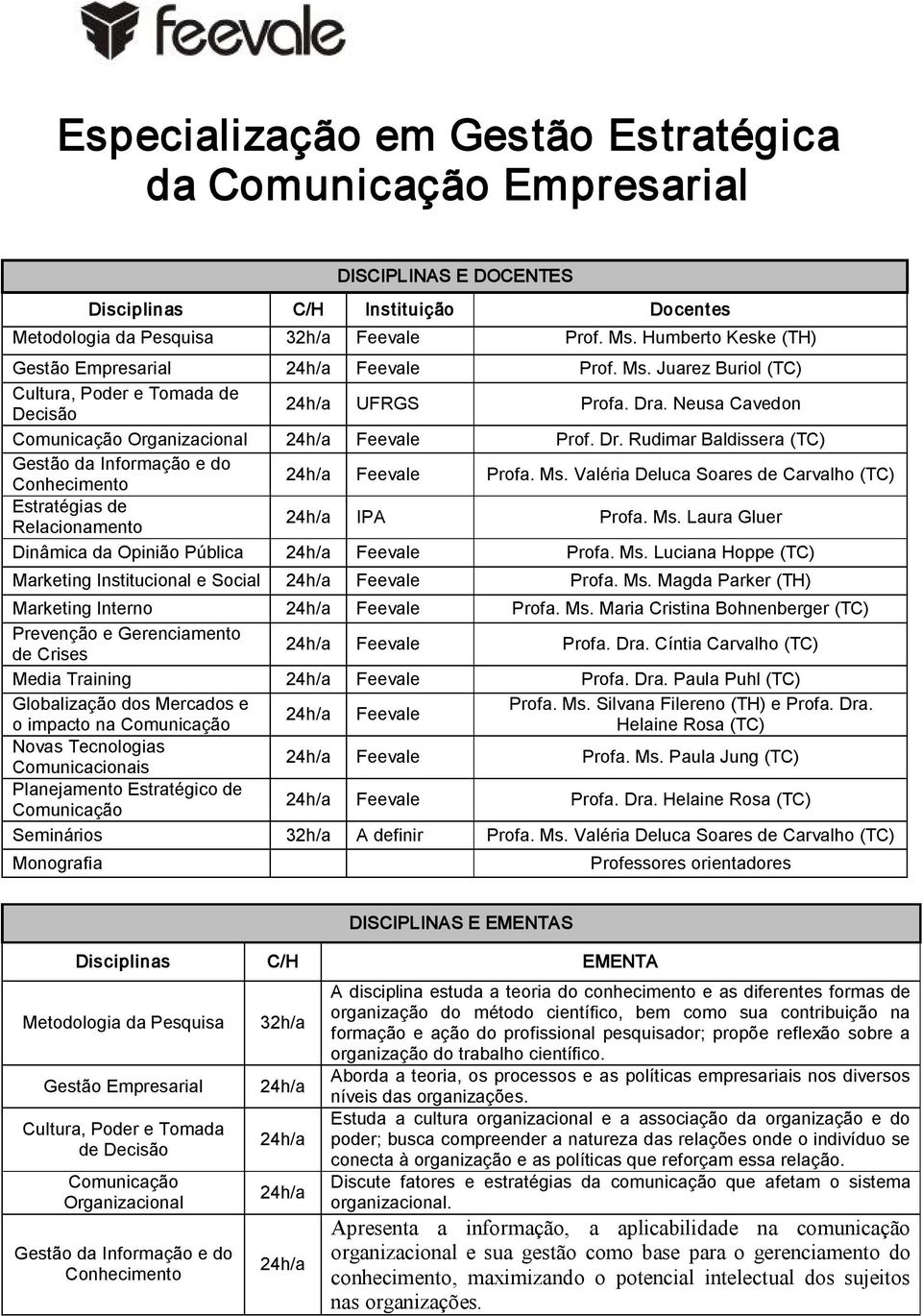 Ms. Valéria Deluca Soares de Carvalho (TC) Estratégias de IPA Profa. Ms. Laura Gluer Dinâmica da Opinião Pública Feevale Profa. Ms. Luciana Hoppe (TC) Marketing Institucional e Social Feevale Profa.