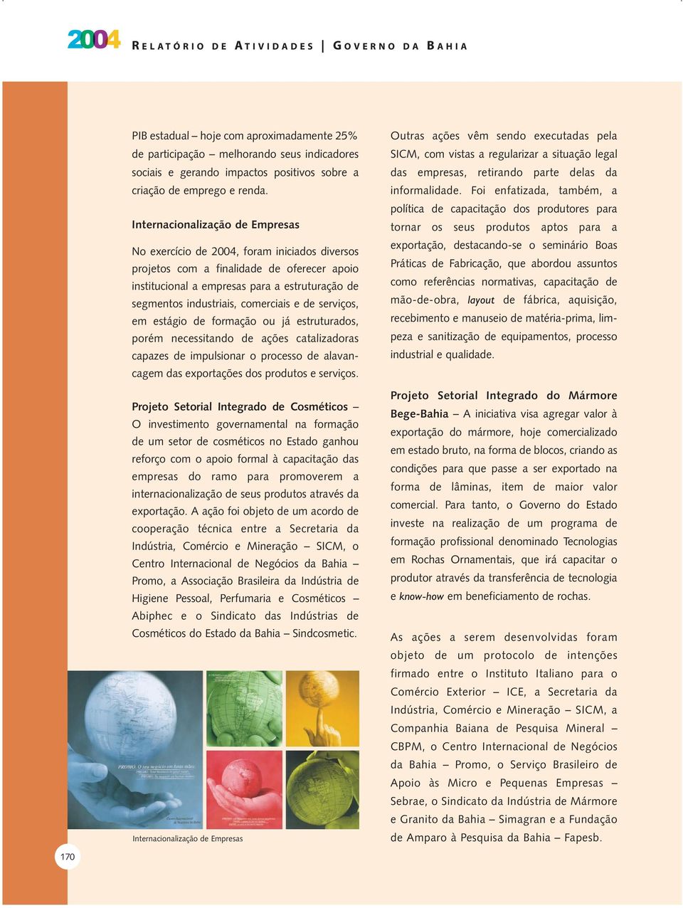 Internacionalização de Empresas No exercício de 2004, foram iniciados diversos projetos com a finalidade de oferecer apoio institucional a empresas para a estruturação de segmentos industriais,