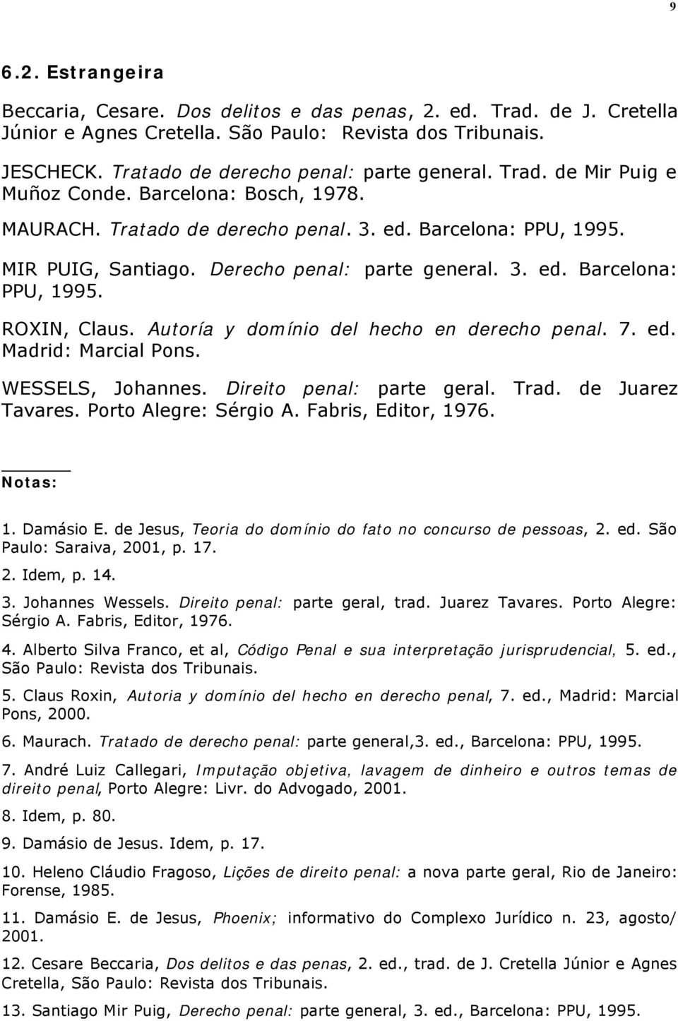 Autoría y domínio del hecho en derecho penal. 7. ed. Madrid: Marcial Pons. WESSELS, Johannes. Direito penal: parte geral. Trad. de Juarez Tavares. Porto Alegre: Sérgio A. Fabris, Editor, 1976.