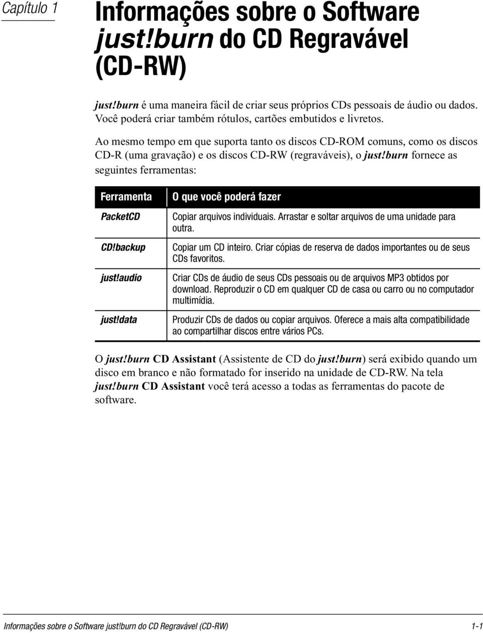 burn fornece as seguintes ferramentas: Ferramenta PacketCD CD!backup just!audio just!data O que você poderá fazer Copiar arquivos individuais. Arrastar e soltar arquivos de uma unidade para outra.