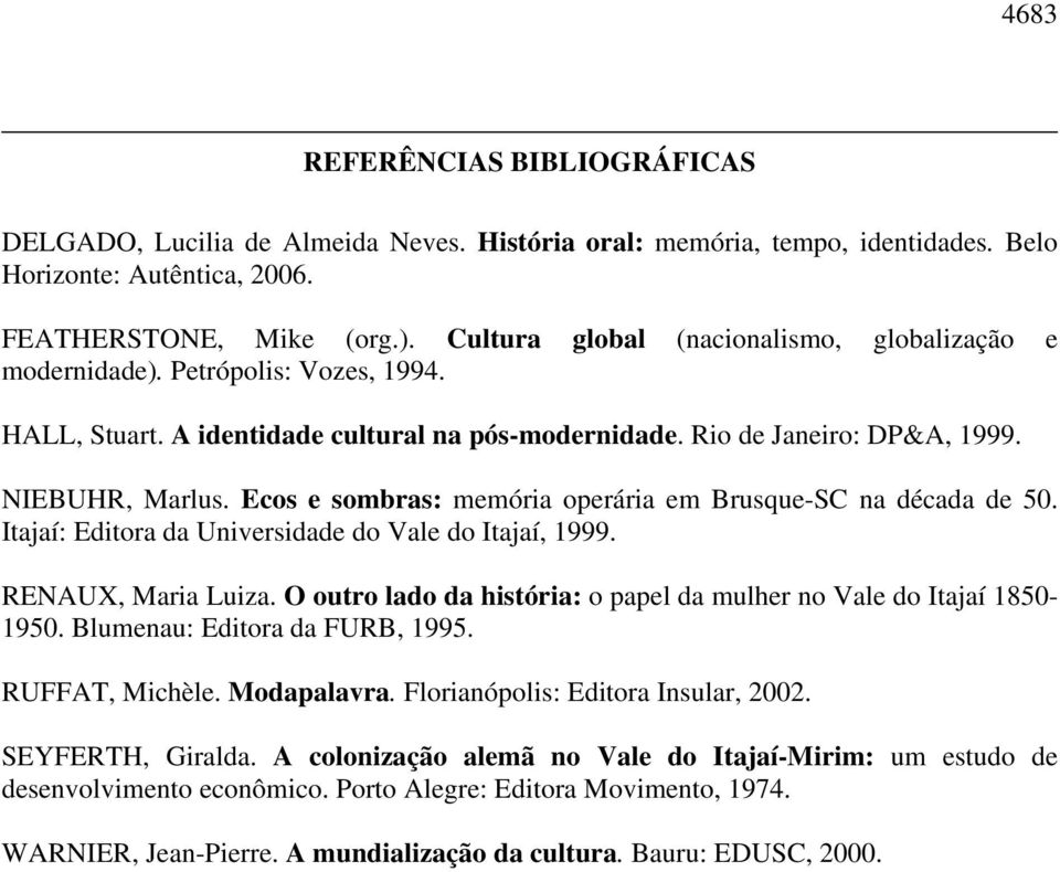 Ecos e sombras: memória operária em Brusque-SC na década de 50. Itajaí: Editora da Universidade do Vale do Itajaí, 1999. RENAUX, Maria Luiza.