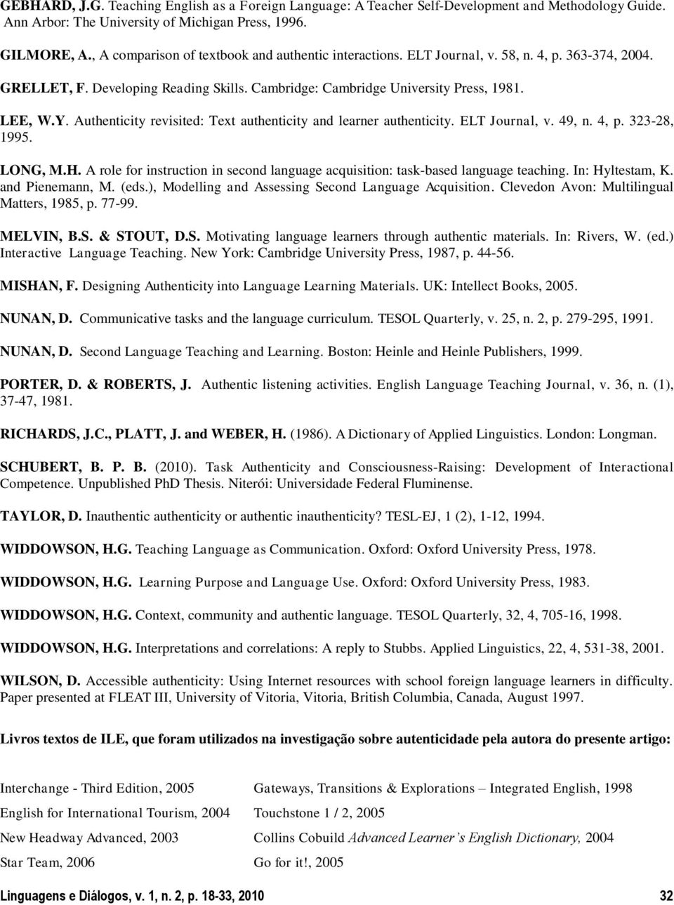 Authenticity revisited: Text authenticity and learner authenticity. ELT Journal, v. 49, n. 4, p. 323-28, 1995. LONG, M.H.