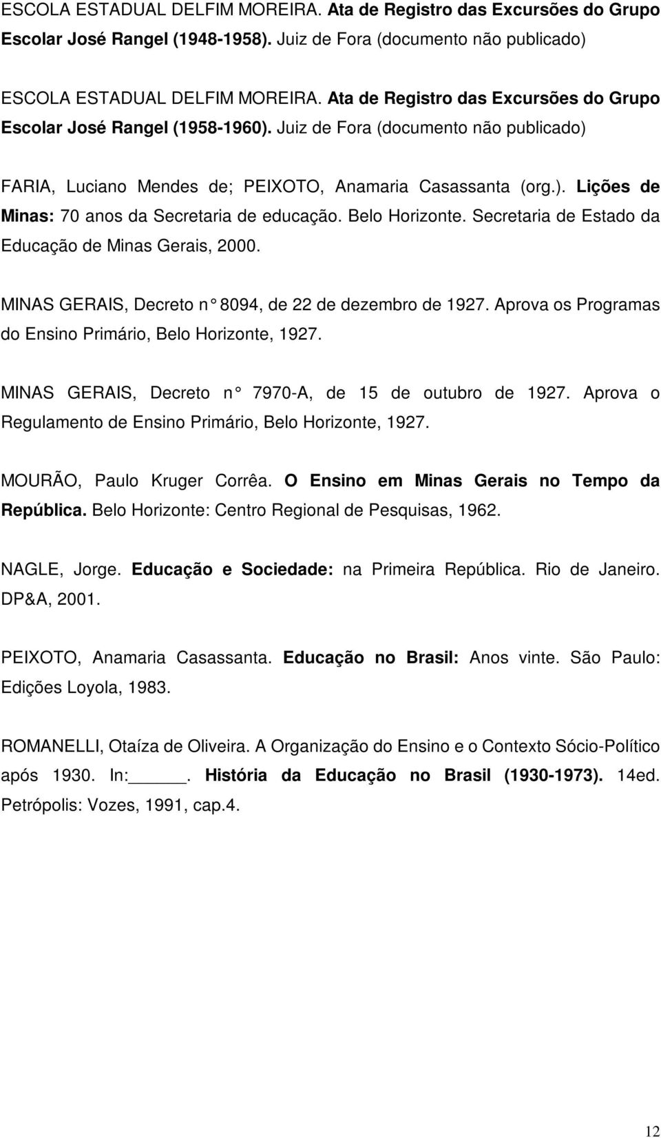 Belo Horizonte. Secretaria de Estado da Educação de Minas Gerais, 2000. MINAS GERAIS, Decreto n 8094, de 22 de dezembro de 1927. Aprova os Programas do Ensino Primário, Belo Horizonte, 1927.