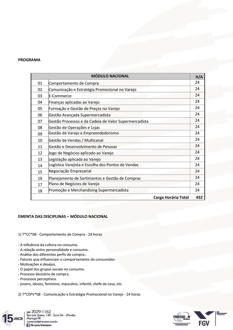 Vendas / Multicanal 24 11 Gestão e Desenvolvimento de Pessoas 24 12 Jogo de Negócios aplicado ao Varejo 24 13 Legislação aplicada ao Varejo 24 14 Logística Varejista e Escolha dos Pontos de Vendas 24