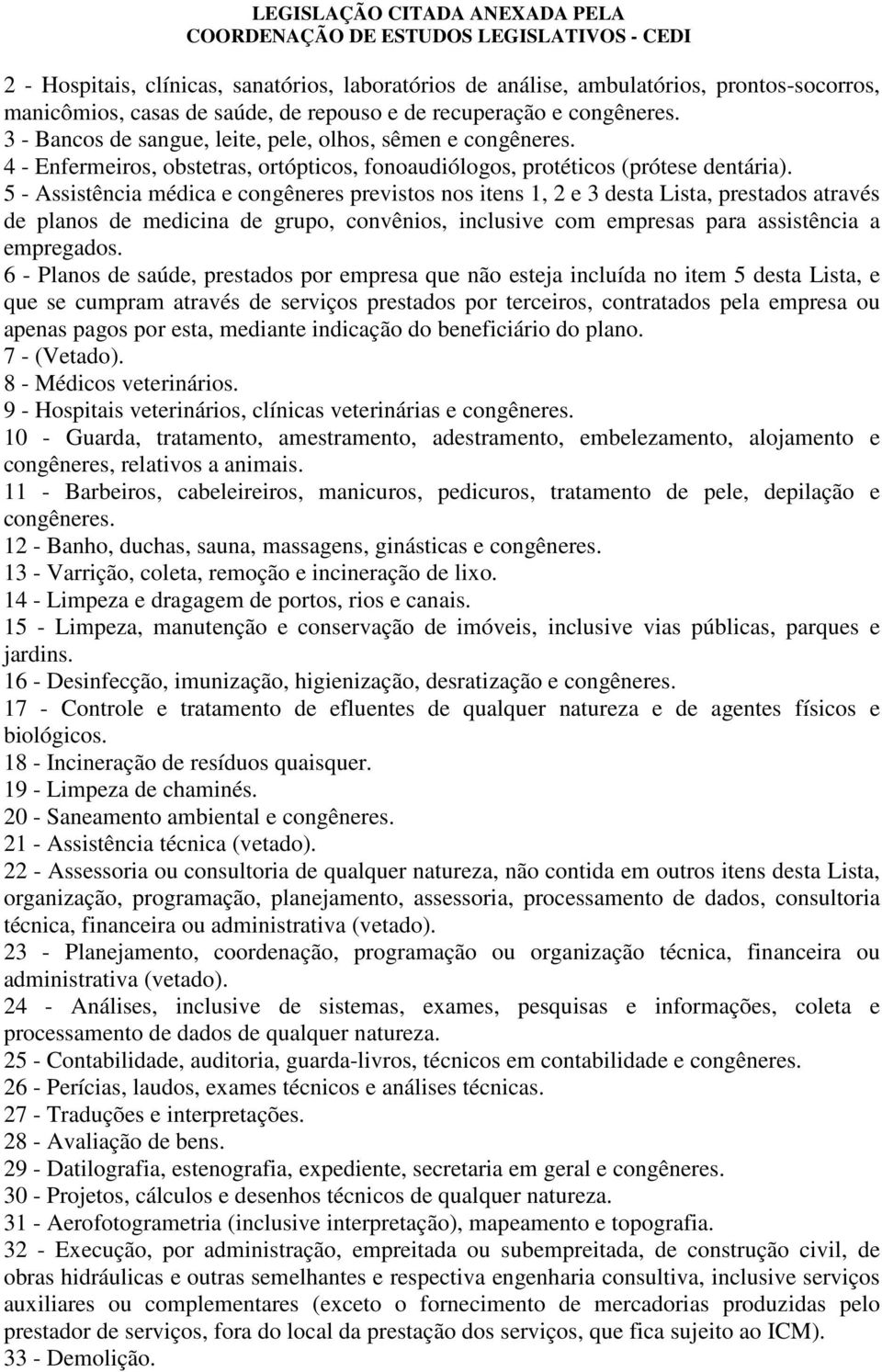 5 - Assistência médica e congêneres previstos nos itens 1, 2 e 3 desta Lista, prestados através de planos de medicina de grupo, convênios, inclusive com empresas para assistência a empregados.