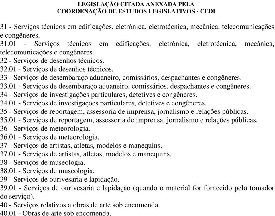 33 - Serviços de desembaraço aduaneiro, comissários, despachantes e 33.01 - Serviços de desembaraço aduaneiro, comissários, despachantes e 34 - Serviços de investigações particulares, detetives e 34.