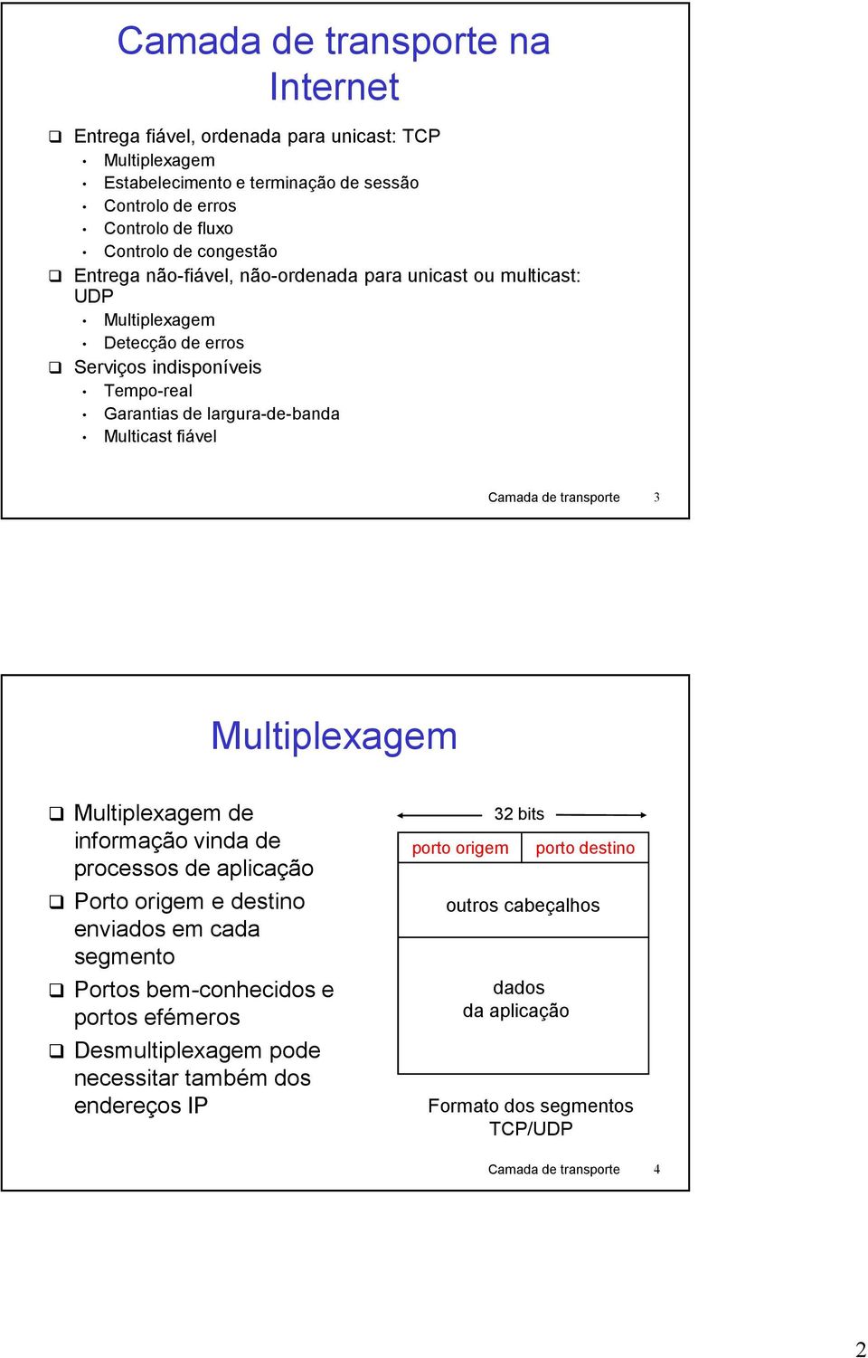 fiável Camada de transporte 3 Multiplexagem Multiplexagem de informação vinda de processos de aplicação Porto origem e destino enviados em cada segmento Portos bem-conhecidos e portos