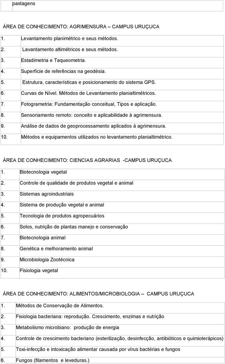 Fotogrametria: Fundamentação conceitual, Tipos e aplicação. 8. Sensoriamento remoto: conceito e aplicabilidade à agrimensura. Análise de dados de geoprocessamento aplicados à agrimensura. 10.