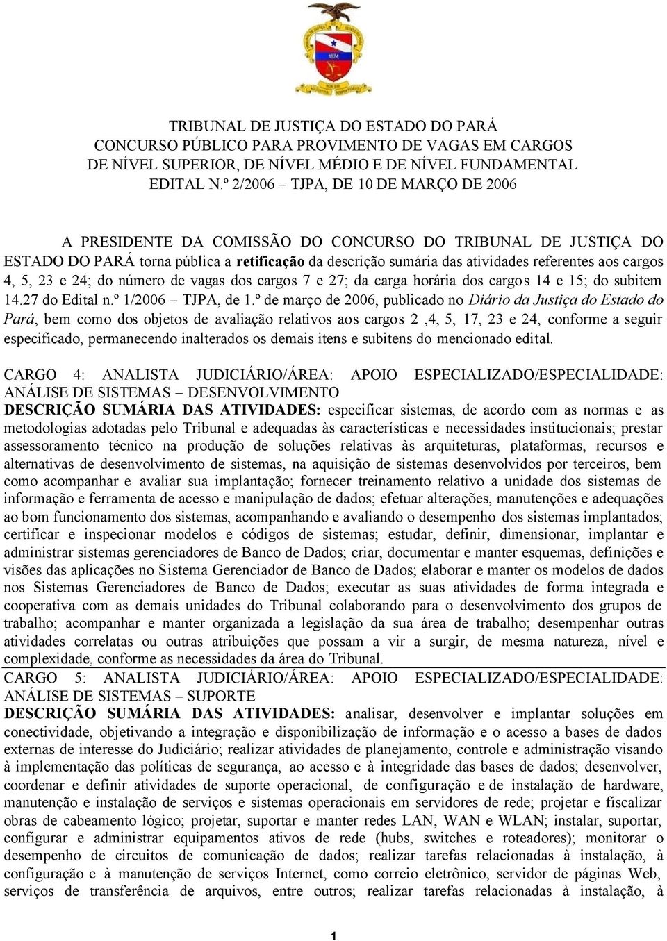 cargos 4, 5, 23 e 24; do número de vagas dos cargos 7 e 27; da carga horária dos cargos 14 e 15; do subitem 14.27 do Edital n.º 1/2006 TJPA, de 1.