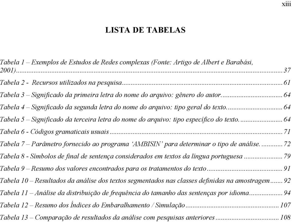 ..64 Tabela 5 Significado da terceira letra do nome do arquivo: tipo específico do texto...64 Tabela 6 - Códigos gramaticais usuais.