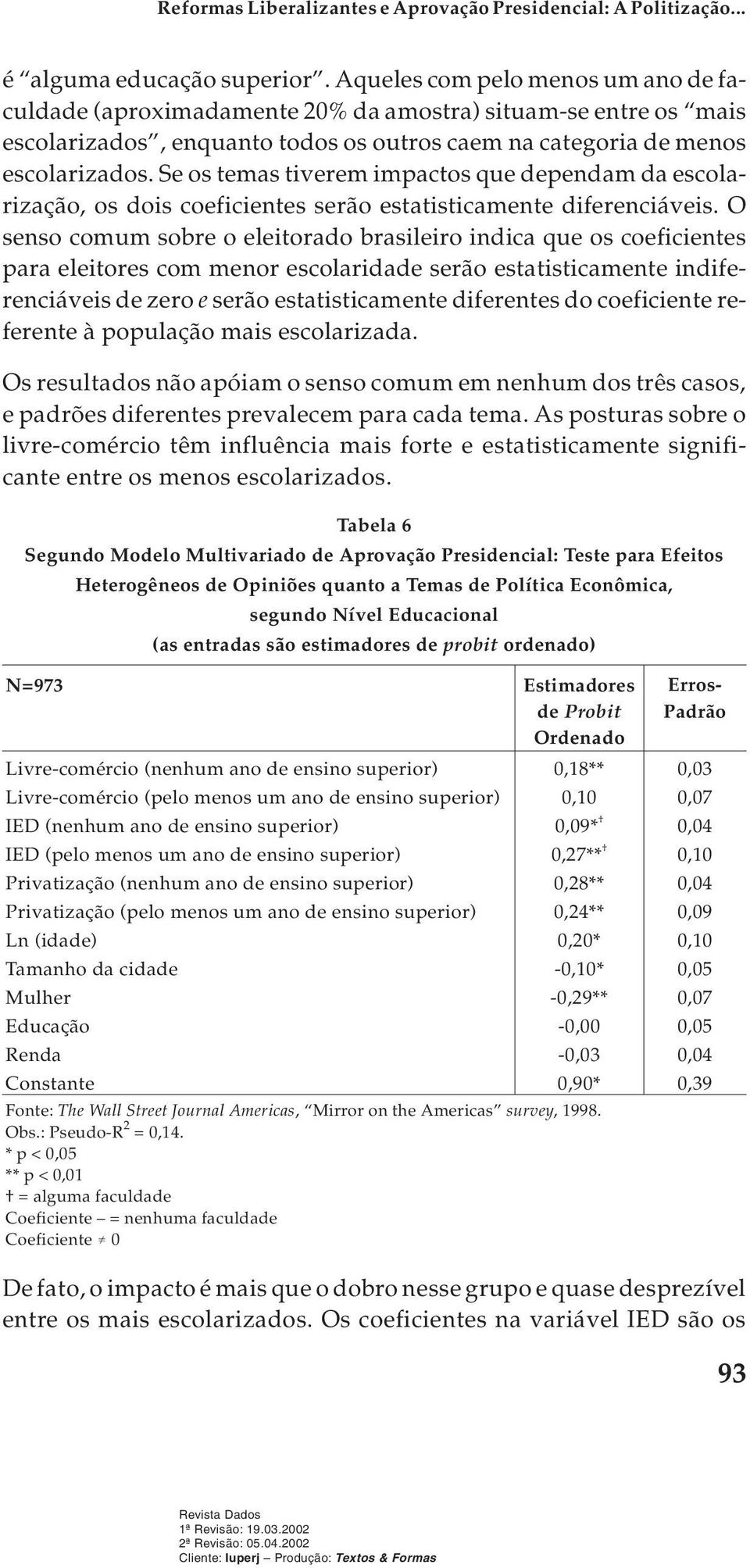 Se os temas tiverem impactos que dependam da escolarização, os dois coeficientes serão estatisticamente diferenciáveis.