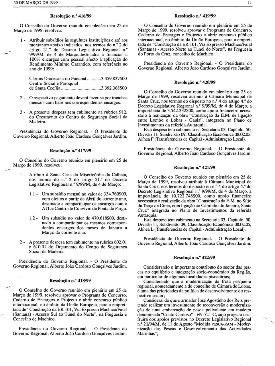 o 9/99/M, de 4 de Março,destinados a financiar a 100% encargos com pessoal afecto à aplicação do Rendimento Mínimo Garantido, com referência ao ano de 1999: Cáritas Diocesana do Funchal 3.459.